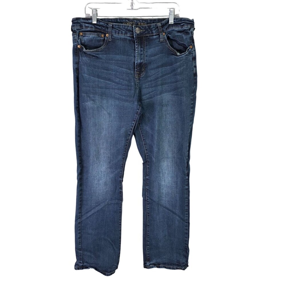 Mens Rue21 Bootcut Ultra Flex Blue Denim Jeans Cotton Blend Dark Wash Size 38x32
